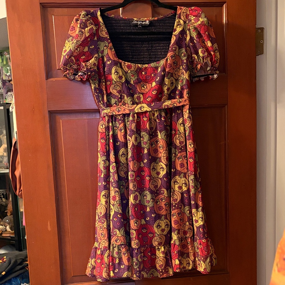Sourpuss Colorful Patterned Halloween Pumpkin Dress with Puff Sleeves